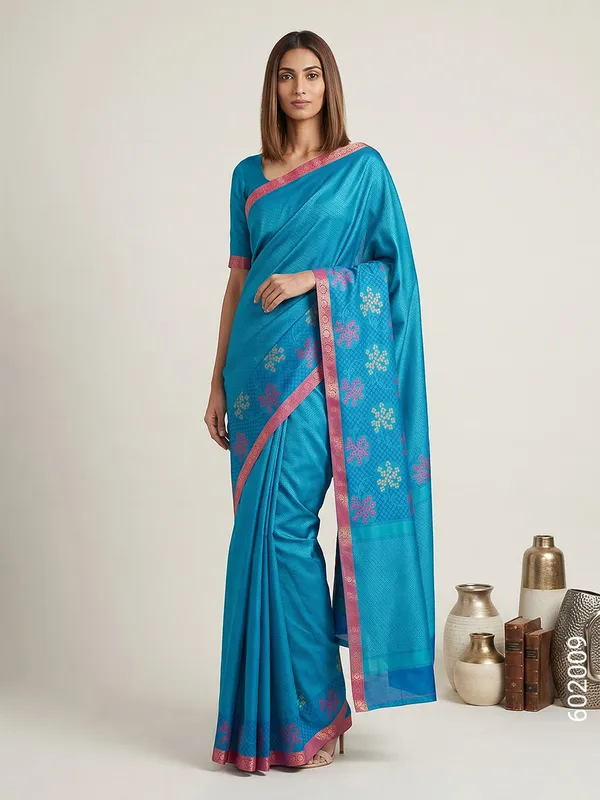 Blue_Textured_Floral_Print_Cotton_Silk_Saree