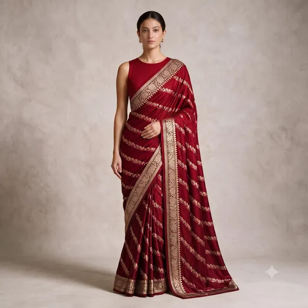 Red_Katan_Silk_Zari_Work_Diagonal_Stripe_Banarasi_Saree_For_Women