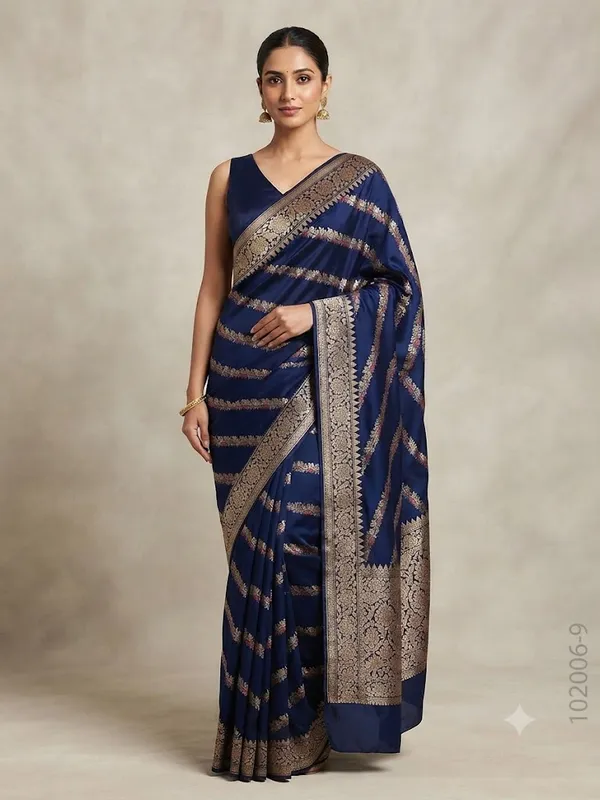 Navy_Blue_Katan_Silk_Zari_Work_Diagonal_Stripe_Banarasi_Saree_For_Women