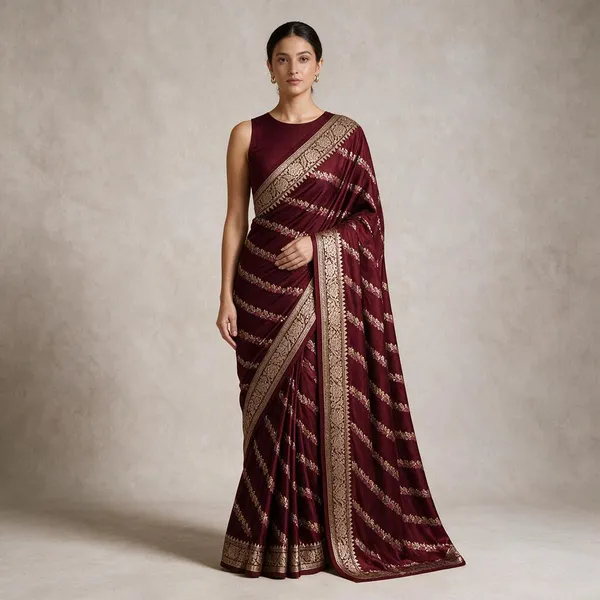 Maroon_Katan_Silk_Zari_Work_Diagonal_Stripe_Banarasi_Saree_For_Women