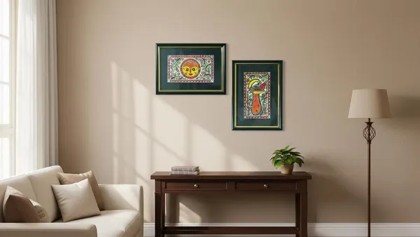 Madhubani_Painting_Framed_Wall_Plates_depictin_Sun_Goddess_and_Vastu_Peacock_for_Home_Positivity_||_Set_Of_2