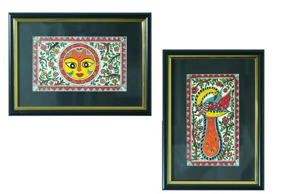 Madhubani_Painting_Framed_Wall_Plates_depictin_Sun_Goddess_and_Vastu_Peacock_for_Home_Positivity_||_Set_Of_2
