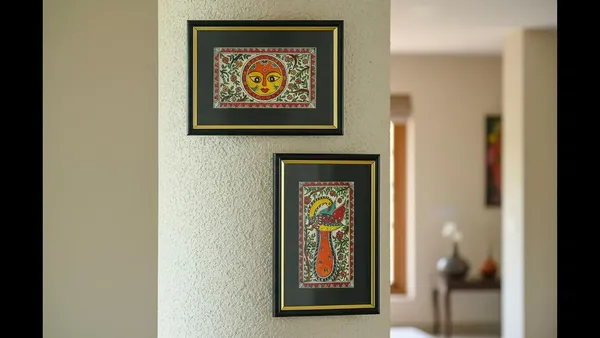 Madhubani_Painting_Framed_Wall_Plates_depictin_Sun_Goddess_and_Vastu_Peacock_for_Home_Positivity_||_Set_Of_2