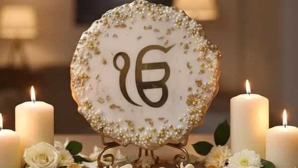 VOGUISH_Ek_Onkar_Resin_Art_Showpiece_with_Metal_Stand_|_Waheguru_Ik_Onkar_Sikh_Religious_Table_Decor_|_Handmade_Gold_&_Silver_Decorative_Plate_for_Home,_Office_&_Mandir_|_Housewarming_Gift_|_8_Inch
