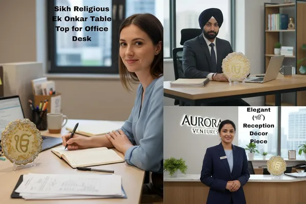 VOGUISH_Ek_Onkar_Resin_Art_Showpiece_with_Metal_Stand_|_Waheguru_Ik_Onkar_Sikh_Religious_Table_Decor_|_Handmade_Gold_&_Silver_Decorative_Plate_for_Home,_Office_&_Mandir_|_Housewarming_Gift_|_8_Inch