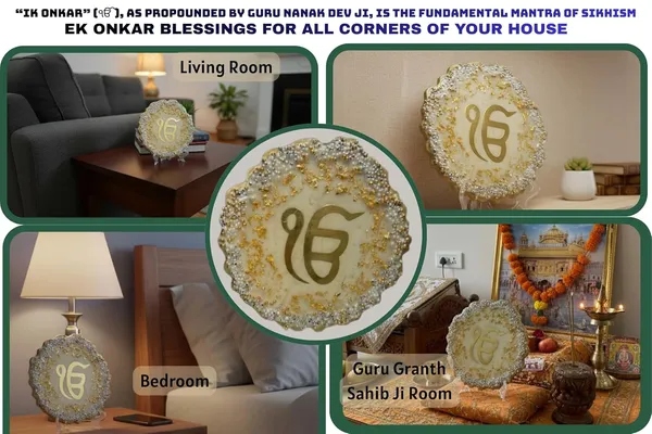 VOGUISH_Ek_Onkar_Resin_Art_Showpiece_with_Metal_Stand_|_Waheguru_Ik_Onkar_Sikh_Religious_Table_Decor_|_Handmade_Gold_&_Silver_Decorative_Plate_for_Home,_Office_&_Mandir_|_Housewarming_Gift_|_8_Inch