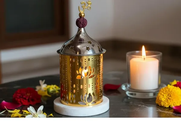 Brass_Finish_Temple_Lantern_Tealight_Holder_With_Marble_Base_and_Rudraksh
