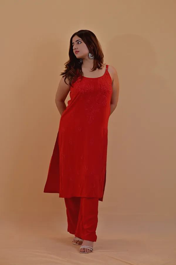 Red_Sleeveless_Kurta_Set_For_Women