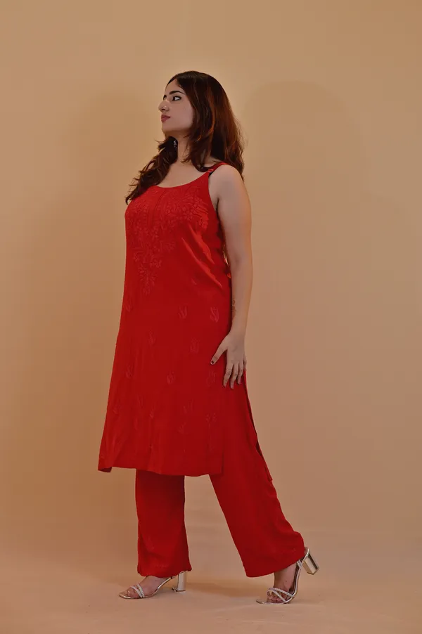 Red_Sleeveless_Kurta_Set_For_Women
