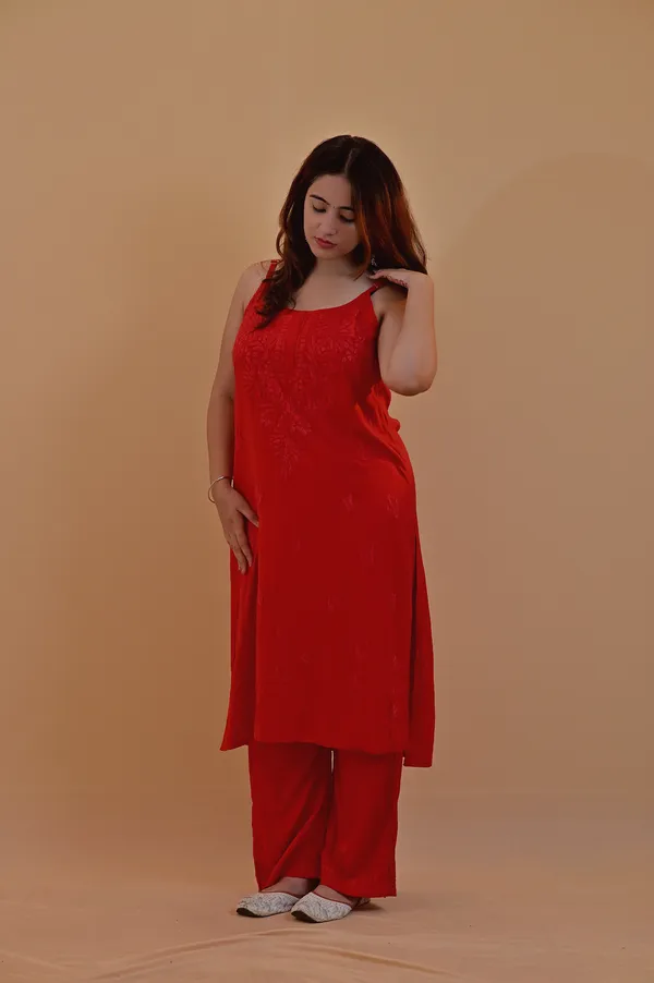 Red_Sleeveless_Kurta_Set_For_Women