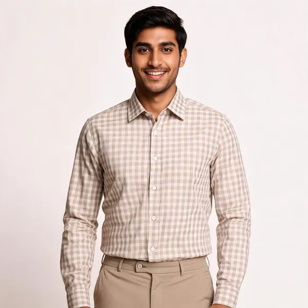 Beige_Cotton_Checked_Button_Down_Shirt_For_Men