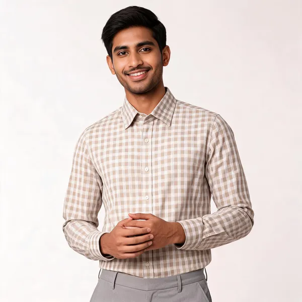 Beige_Cotton_Checked_Button_Down_Shirt_For_Men