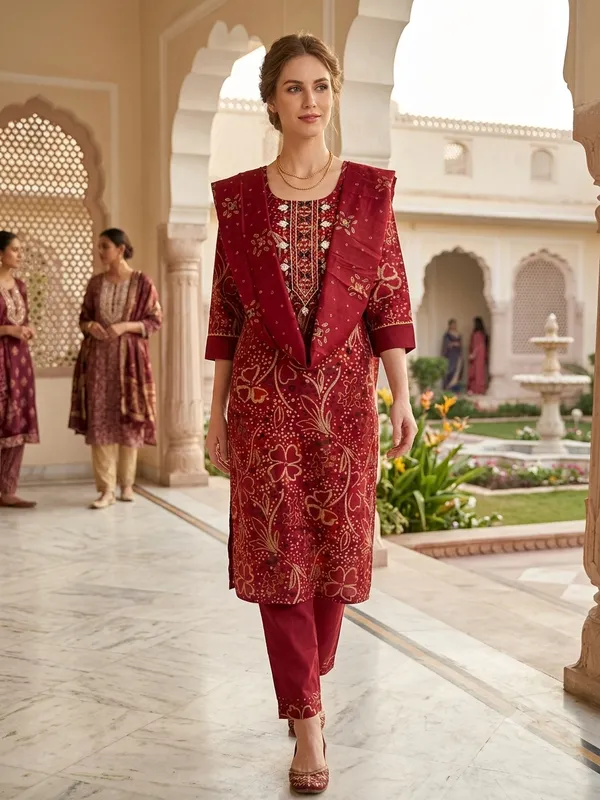 Red_Cotton_Polyester_Kurta_Set_For_Women