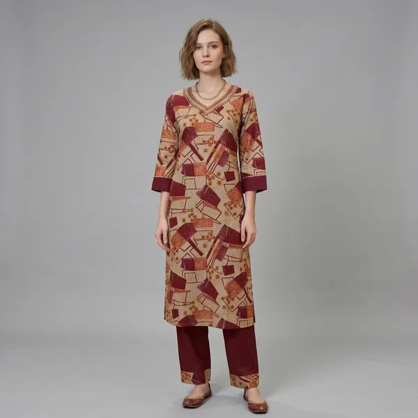 Maroon_Cotton_Polyester_Kurta_Set_For_Women