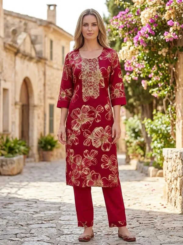 Red_Cotton_Polyester_Kurta_Set_For_Women