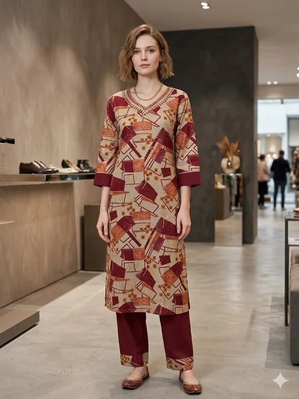 Maroon_Cotton_Polyester_Kurta_Set_For_Women