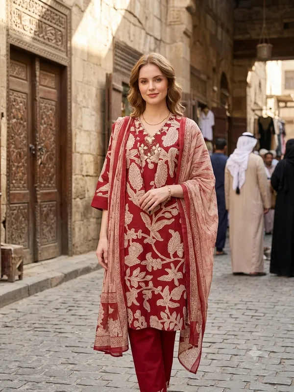 Red_Cotton_Polyester_Kurta_Set_For_Women