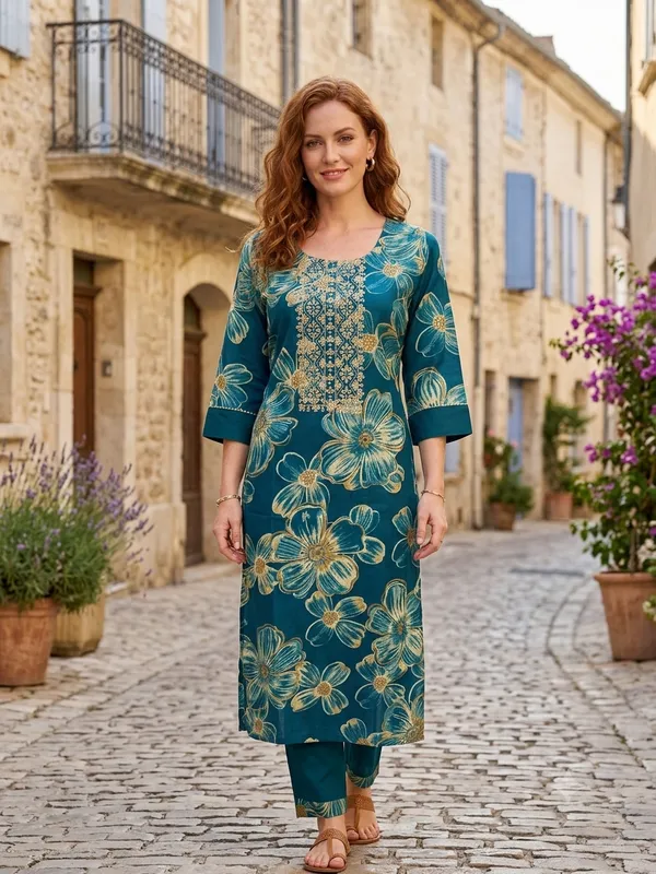 Teal_Cotton_Polyester_Kurta_Set_For_Women