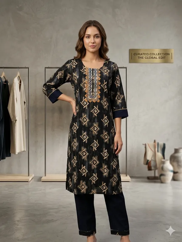 Black_Cotton_Polyester_Kurta_Set_For_Women