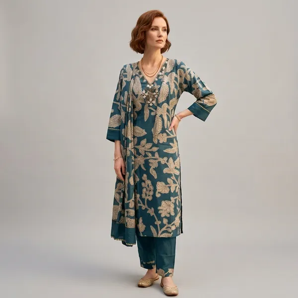 Teal_Cotton_Polyester_Kurta_Set_For_Women