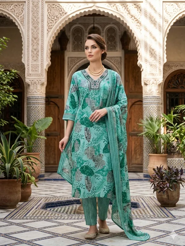 Turquoise_cotton_Three_Piece_Suit_For_Women