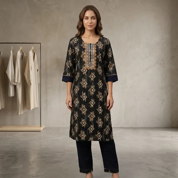 Black_Cotton_Polyester_Kurta_Set_For_Women