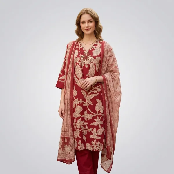 Red_Cotton_Polyester_Kurta_Set_For_Women