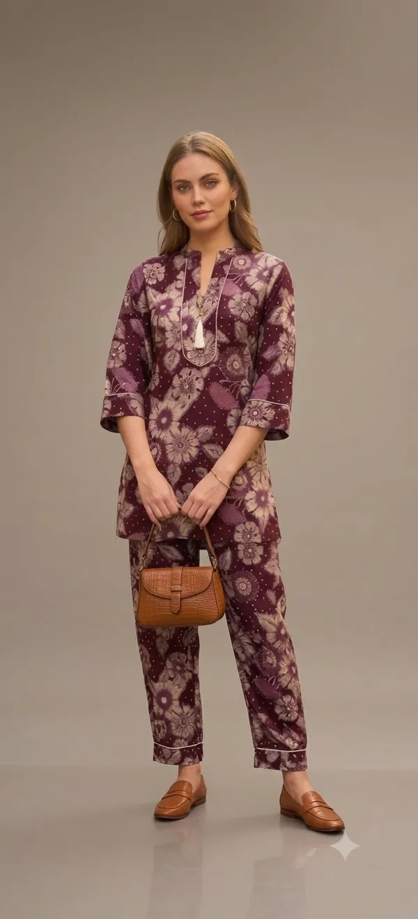 Maroon_Cotton_Polyester_Kurta_Pant_Set_For_Women
