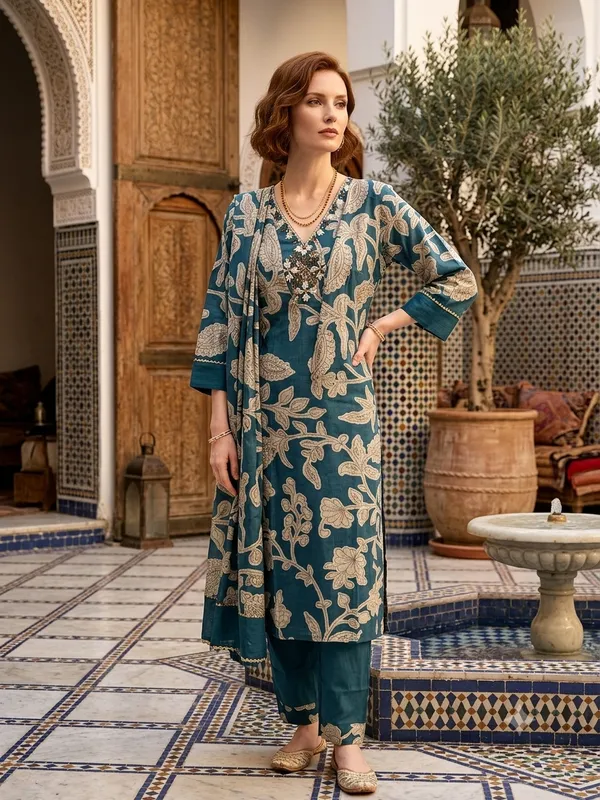 Teal_Cotton_Polyester_Kurta_Set_For_Women