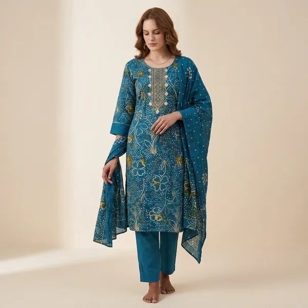 Teal_Blue_Cotton_Polyester_Kurta_Set_with_Dupatta_For_Women