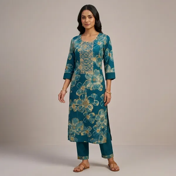 Teal_Cotton_Polyester_Kurta_Set_For_Women