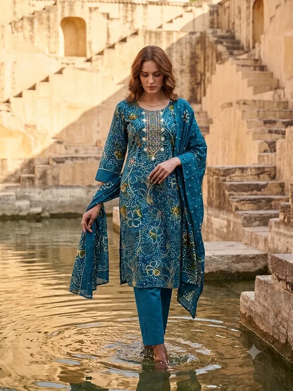 Teal_Blue_Cotton_Polyester_Kurta_Set_with_Dupatta_For_Women