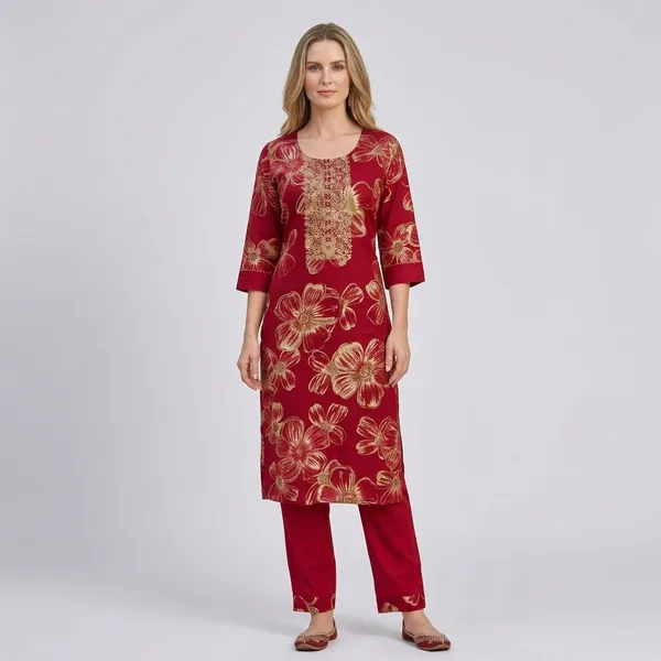 Red_Cotton_Polyester_Kurta_Set_For_Women