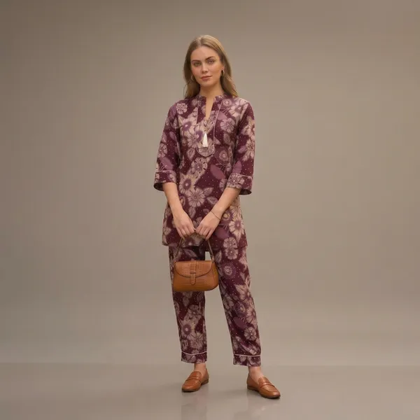 Maroon_Cotton_Polyester_Kurta_Pant_Set_For_Women