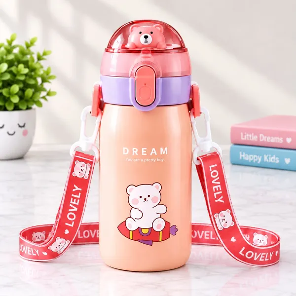 Peach_Bear_Print_Kids_Water_Bottle