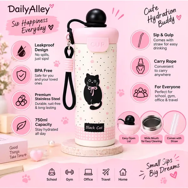 Cute_Black_Cat_Printed_Stainless_Steel_Water_Bottle_750Ml