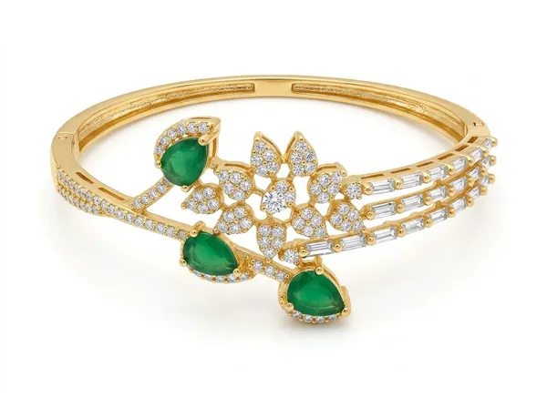 Golden_Green_Alloy_Emerald_Crystal_Floral_Open_Bangle_For_Women
