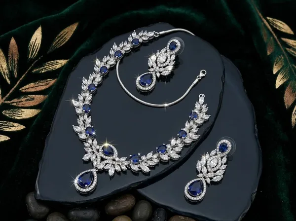 Silver_Blue_Premium_Handmade_American_Diamond_Floral_Cubic_Zirconia_Necklace_Earrings_Set_For_Women