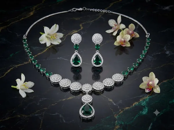 Silver_Green_Premium_Handmade_Teardrop_Zirconia_Stone_American_Diamond_Necklace_And_Earrings_Set_For_Women