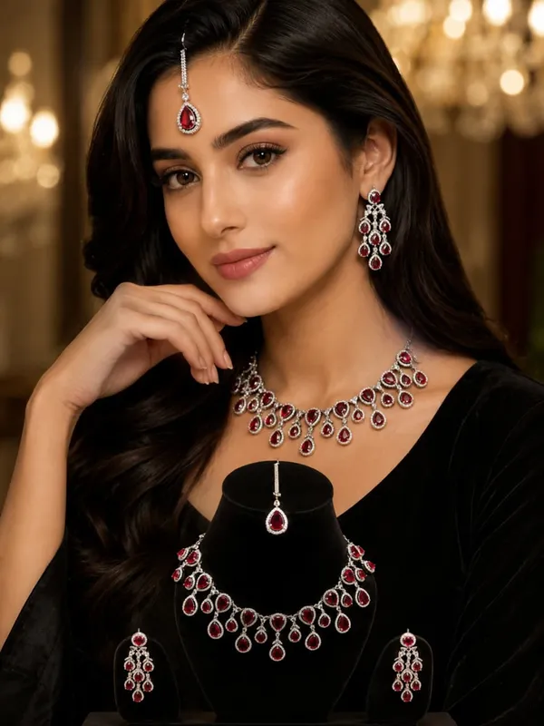 Silver_Red_Alloy_Teardrop_Red_Stone_Necklace_And_Earrings_Set_For_Women