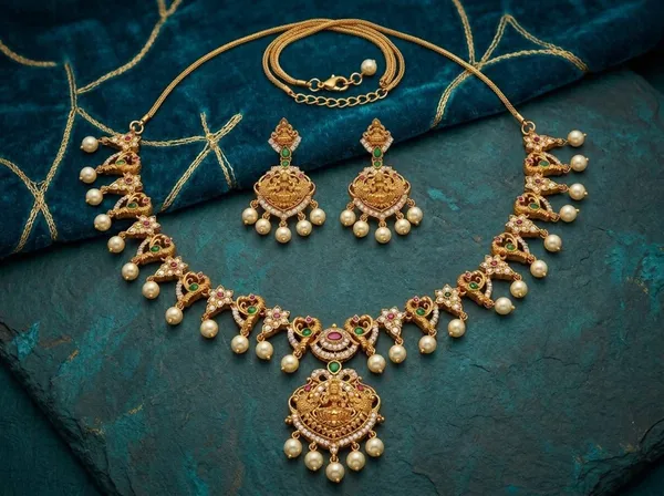 Golden_Alloy_Antique_Traditional_Temple_Necklace_And_Earrings_Set_For_Women