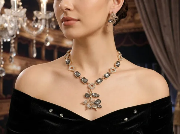 Rose_Gold_Alloy_Smoky_Grey_Crystal_Necklace_And_Earrings_Set_For_Women
