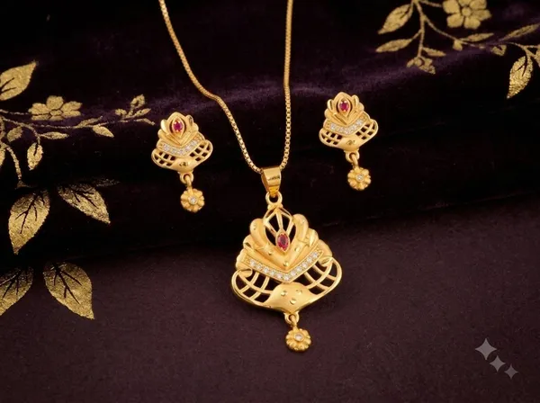 Golden_Alloy_Purple_Stone_Pendant_Necklace_And_Earrings_Set_For_Women