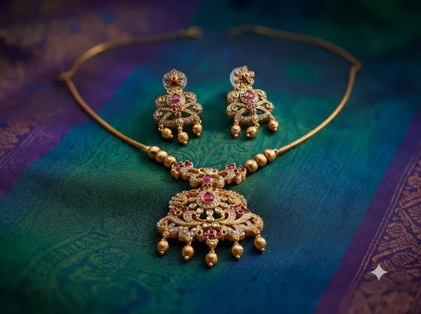 Golden_Traditional_Temple_Necklace_And_Earrings_Set_For_Women