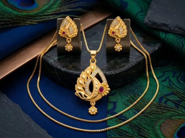 Gold_Alloy_Floral_Pendant_Necklace_And_Earrings_Set_For_Women