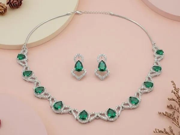 Silver_Green_Premium_Handmade_Zirconia_American_Diamond_Necklace_&_Earrings_Set_For_Women