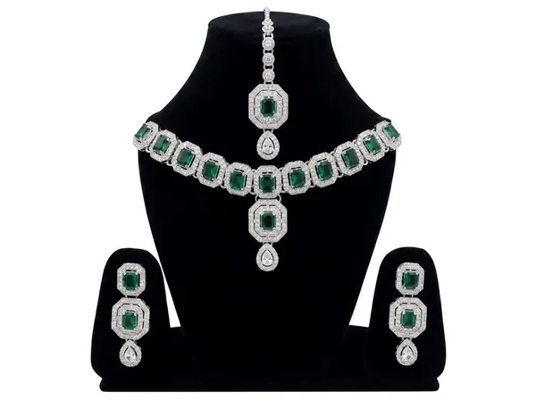 Silver_Green_Alloy_Stone_Necklace_Earrings_Maang_Tikka_Set_For_Women