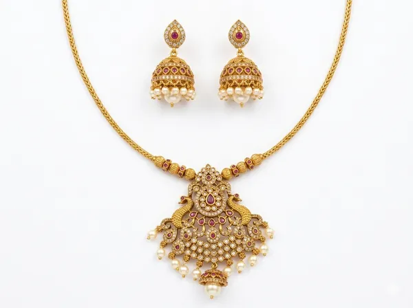 Golden_Alloy_Traditional_Pendant_Necklace_And_Earrings_Set_For_Women