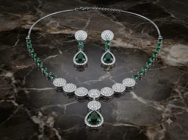 Silver_Green_Premium_Handmade_Teardrop_Zirconia_Stone_American_Diamond_Necklace_And_Earrings_Set_For_Women