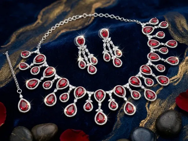 Silver_Red_Alloy_Teardrop_Red_Stone_Necklace_And_Earrings_Set_For_Women